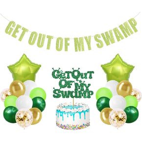 Funny Housewarming Party Decorations Include Get out of My Swamp Banner,Cake Topper,20 Pcs 12-inch Green Latex Balloons,2 Pcs 18-inch Green Foil Balloons