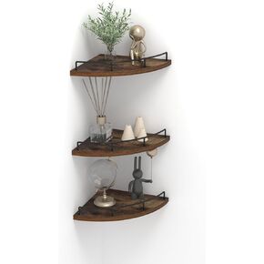 Floating Corner Shelf Wall Mounted Set of 3, Rustic Wood Wall Storage Shelves for Bedroom, Living Room, Bathroom, Kitchen, Brown