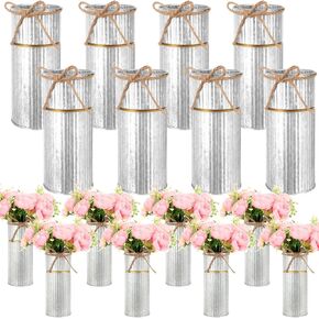 16 Pcs 7.48 Inch White Vases for Centerpieces Galvanized Flower Vase Metal Vase with Twine Bow Rustic Vintage Vases Tin Wedding Mason Jars Farmhouse Vase Bucket Decor for Home Table