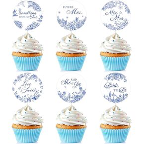 24 Pieces Something Blue Before I Do Bridal Shower Decorations, Blue Floral Cupcake Toppers Love Is Sweet Cake Decoration for Bachelorette Wedding Engagement Party Supplies