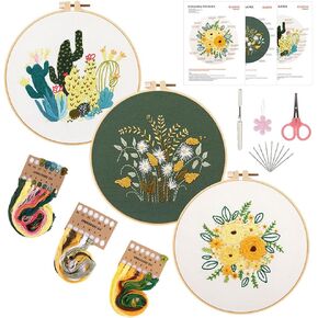 Wnddle 3 Pack Pack Pack Terbroidery Kit للمبتدئين ، مجموعات التطريز المبتدئين للبالغين DIY Starter Kit ، مجموعة كاملة من DIY مع طوق ، مؤشرات ترابط ملونة ، أدوات ، تعليمات سهلة ، هدية عاشق الحرف اليدوية (الأزهار)