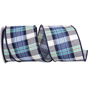 Reliant Ribbon 93847W-053-10F Canvas Plaid Blues Decor Wired Edge Ribbon, 4 Inch X 10 Yards, Blue