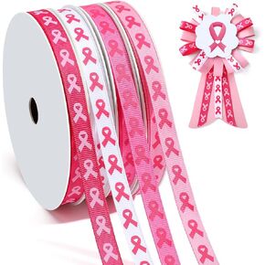 Crowye 100 ياردة 4 لفات الشريط التوعية بسرطان الثدي 3/8 بوصات لكل لفة Grosgrain الشريط الوردي المطبوع الحرف الزخارف الزخارف الهدية والخياطة