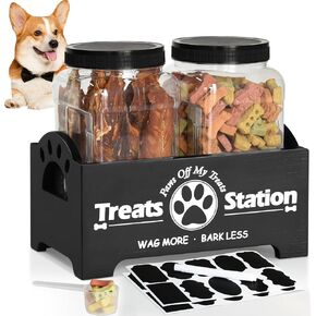 Dog Treat Container Dog Food Storage Container for Countertop, Cat Food Storage Container with 3 Plastic Dog Treat Jar, Dog Food Storage Container for Dog and Cat, Black Wooden Dog Food Container