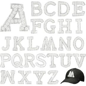 26pcs الحديد حجر الراين على التصحيح A-Z Pearl Bling Bling Rhinestone Pearl English Letter ، بقع رسائل لؤلؤة لمستهلكات على الظهر على الظهر القبعات إصلاحات DICATITION DIY Craft Supplies