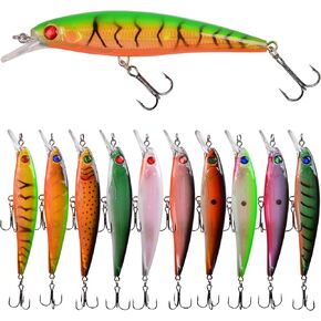 Fishing Lures Hard Baits Kit, 10pcs Artificial Minnow Lures Set Topwater Jerkbait Swimbaits for Bass Trout Perch Saltwater Freshwater Fishing Tackle Lures