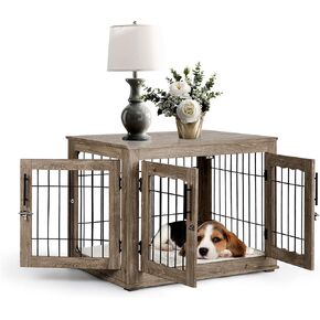 Dog Crate Furniture, 38 inch Large Dog Crates with Bed Mat, Wooden Dog Kennel Furniture, End Side Table Dog Cage with 3 Doors, Greige - DC-002