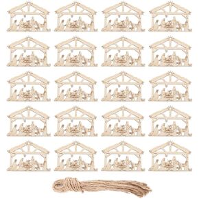 NUOBESTY 20pcs Unfinished Wooden House Cutouts Wood Slices to Paint House Shapes Wooden Chip Pendant Crafts with Holes and Ropes for DIY Craft Art Christmas Holiday Party Hanging Decors