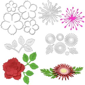 AFUNTA Rose Flower Die Cuts for Card Making, 4 PCS 3D Flower Leaf Metal Cut Stencils, Scrapbooking Album Decorative