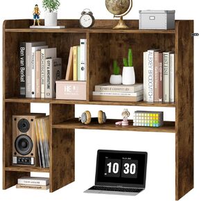 Desktop Bookshelf, Countertop Storage Hutch with 5 Shelves for Computer Desk, 3-Tier Desktop Display Rack, Wooden Desk Storage, Tall Desktop Bookcase Organizer for Home Office Dorm, Brown ﻿