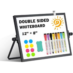 Small White Board, 12"X8" Double-Sided Dry Erase Board with Stand, Magnetic Desktop Whiteboard with 8 Markers, 8 Magnets, 1 Eraser—Ideal for School, Home, and Office (Black)