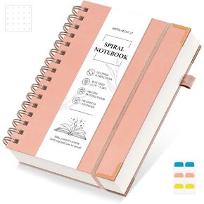 Spiral Dotted Notebook, Spiral Journals, 5.7" x 8.3", 320 Pages Hardcover Leather Notebook Journal for Women Men, A5 Dot Grid Notebook for Work School, 30pcs Index Tabs, Green