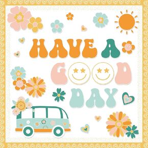 59pcs Retro Boho Classroom Bulletin Board Kit Groovy Daisy Rainbow Sun Bulletin Board مجموعة حدود زخرفة الهبي مع نقاط الغراء لالتقاط الفصول الدراسية للمكاتب المنزلية الجدار