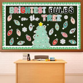Christmas Bulb Bulletin Board Decoration Christmas Tree Bulletin Board Set Xmas Winter Colorful Bright Light Bulb Paper Cutouts for Classroom School Home Chalkboard Wall Holiday Party Decor Supplies