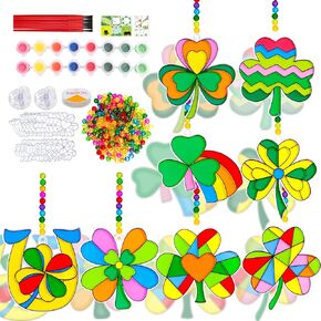 WorldBazaar St Patrick's Day Shamrock Suncatchers Crafts Kits Decorations 24 Sets DIY Lucky Irish Clover Window Paint Art Suncatchers Activities for Kids Family Classroom Party Favors