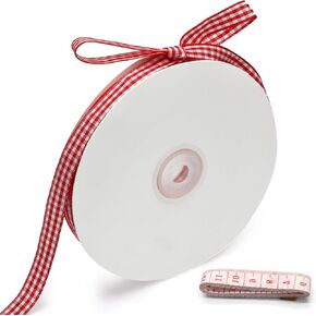 Classic Light Pink and White Gingham Ribbon - 3/8" x 50 Yards + 60" Tape Measurement - Ideal for Hair Accessories, Picnic Decor, and Birthday Gift Wrapping