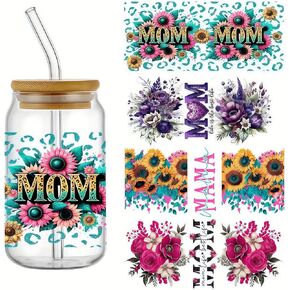 4pcs Mom Flowers UV DTF Cup Wraps Winter UV DTF Transfer Waterproof Sticker for Glass Cups Furniture Craft DIY Crafts，Rub on Transfer Stickers for DIY Water Bottle Laptop Decal Wood Car