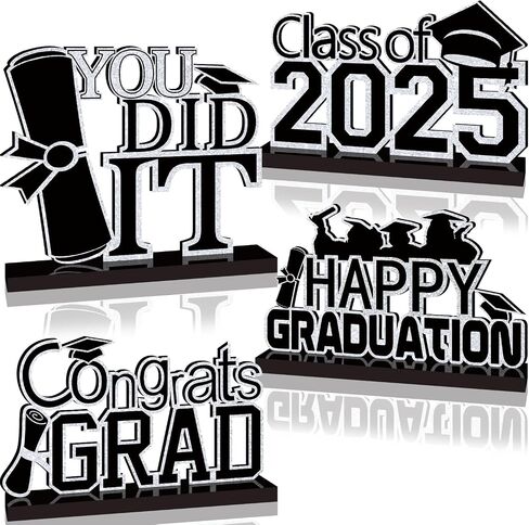 4Pcs Black and Gold Graduation Decorations Class of 2025 Congrats Grad Wooden Table Centerpieces Grad Table Toppers Congratulate Tiered Tray Decor for 2025 Graduation Decorations in Kuwait