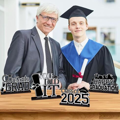 4Pcs Black and Gold Graduation Decorations Class of 2025 Congrats Grad Wooden Table Centerpieces Grad Table Toppers Congratulate Tiered Tray Decor for 2025 Graduation Decorations in Kuwait