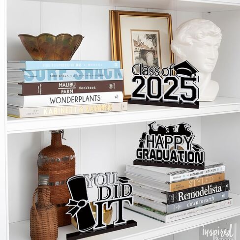4Pcs Black and Gold Graduation Decorations Class of 2025 Congrats Grad Wooden Table Centerpieces Grad Table Toppers Congratulate Tiered Tray Decor for 2025 Graduation Decorations in Kuwait