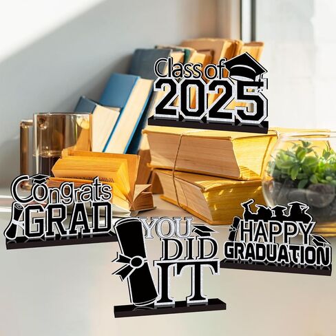 4Pcs Black and Gold Graduation Decorations Class of 2025 Congrats Grad Wooden Table Centerpieces Grad Table Toppers Congratulate Tiered Tray Decor for 2025 Graduation Decorations in Kuwait