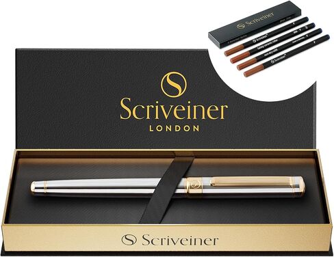 Scriveiner Silver Chrome Rollerball Pen - Stunning Luxury Pen with 24K Gold Finish bundle with Rollerball Refill Blue Fine - 4 Rollerball Refills in one box in Saudi Arabia