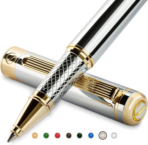 Scriveiner Silver Chrome Rollerball Pen - Stunning Luxury Pen with 24K Gold Finish bundle with Rollerball Refill Blue Fine - 4 Rollerball Refills in one box in Saudi Arabia