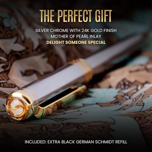 Scriveiner Silver Chrome Rollerball Pen - Stunning Luxury Pen with 24K Gold Finish bundle with Rollerball Refill Blue Fine - 4 Rollerball Refills in one box in Saudi Arabia