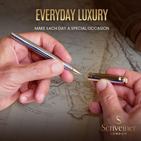 Scriveiner Silver Chrome Rollerball Pen - Stunning Luxury Pen with 24K Gold Finish bundle with Rollerball Refill Blue Fine - 4 Rollerball Refills in one box in Saudi Arabia