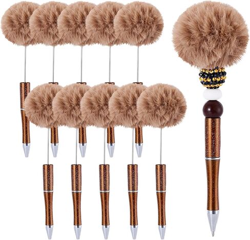 Beadthoven 10pcs Fluffy Beadable Pens, Cute Fuzzy Pom Pom Pen Plush Ball Beaded Pens DIY Plastic Bead Pens Shaft Black Ink Ballpoint Pens for DIY Pens Making Office School Gift Coffee Brown in Saudi Arabia
