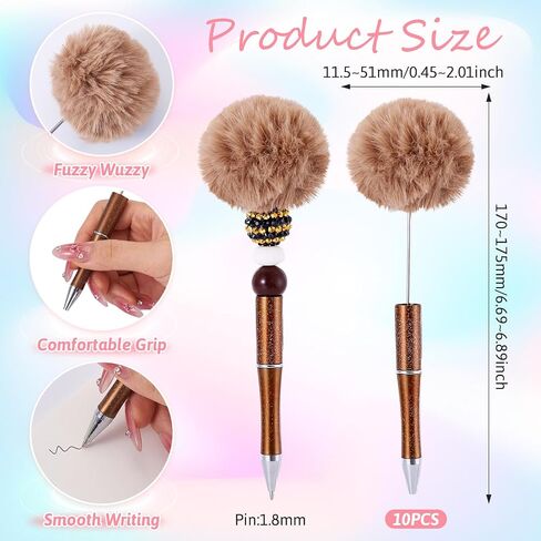 Beadthoven 10pcs Fluffy Beadable Pens, Cute Fuzzy Pom Pom Pen Plush Ball Beaded Pens DIY Plastic Bead Pens Shaft Black Ink Ballpoint Pens for DIY Pens Making Office School Gift Coffee Brown in Saudi Arabia