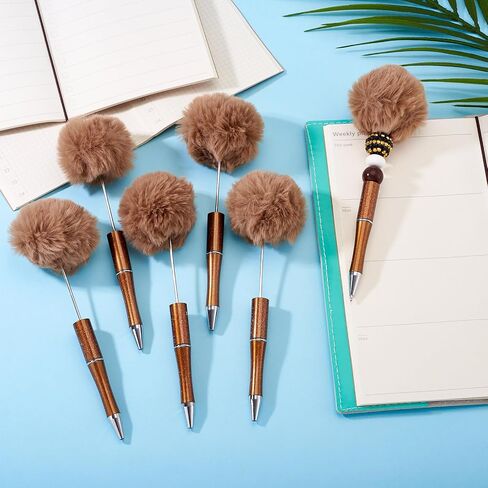 Beadthoven 10pcs Fluffy Beadable Pens, Cute Fuzzy Pom Pom Pen Plush Ball Beaded Pens DIY Plastic Bead Pens Shaft Black Ink Ballpoint Pens for DIY Pens Making Office School Gift Coffee Brown in Saudi Arabia