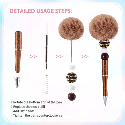 Beadthoven 10pcs Fluffy Beadable Pens, Cute Fuzzy Pom Pom Pen Plush Ball Beaded Pens DIY Plastic Bead Pens Shaft Black Ink Ballpoint Pens for DIY Pens Making Office School Gift Coffee Brown in Saudi Arabia