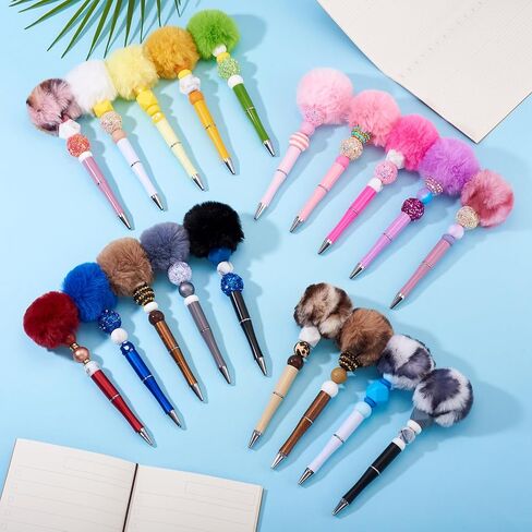 Beadthoven 10pcs Fluffy Beadable Pens, Cute Fuzzy Pom Pom Pen Plush Ball Beaded Pens DIY Plastic Bead Pens Shaft Black Ink Ballpoint Pens for DIY Pens Making Office School Gift Coffee Brown in Saudi Arabia