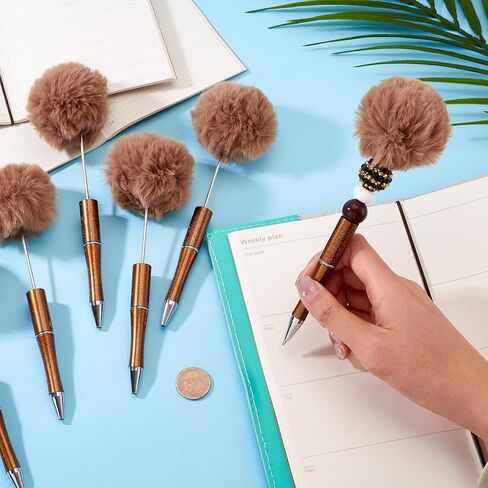 Beadthoven 10pcs Fluffy Beadable Pens, Cute Fuzzy Pom Pom Pen Plush Ball Beaded Pens DIY Plastic Bead Pens Shaft Black Ink Ballpoint Pens for DIY Pens Making Office School Gift Coffee Brown in Saudi Arabia