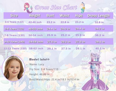 Mermaid Costume for Girls, Little Mermaid Dress, Princess Dress Up for Girls 3-12 for Dress Up Birthday Gift in Saudi Arabia
