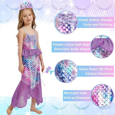 Mermaid Costume for Girls, Little Mermaid Dress, Princess Dress Up for Girls 3-12 for Dress Up Birthday Gift in Saudi Arabia