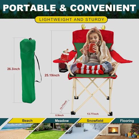 YOUNG WOOD Portable Camping Chair Beach Chair Outdoor Foldable Chair, Included Mesh Cup Holder & Safety Lock to Avoid Pinch Hand, Suitable for Christmas, Camp, Party, with Carrying Bag, Ages 2 to 7 in Saudi Arabia