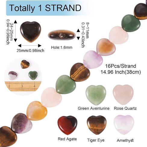 Fashewelry 16 PCS شكل قلب طبيعي تشمل حبة الحجر الطبيعية Aventurine و Rose Quartz & Red Agate & Tiger Eye & Amethyst لـ Mother Bracelet Neckleace Netclace Making 1.6 مم حفرة in Kuwait