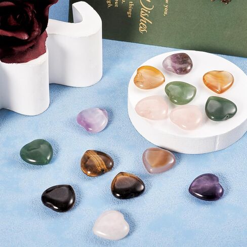 Fashewelry 16 PCS شكل قلب طبيعي تشمل حبة الحجر الطبيعية Aventurine و Rose Quartz & Red Agate & Tiger Eye & Amethyst لـ Mother Bracelet Neckleace Netclace Making 1.6 مم حفرة in Kuwait