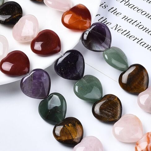 Fashewelry 16 PCS شكل قلب طبيعي تشمل حبة الحجر الطبيعية Aventurine و Rose Quartz & Red Agate & Tiger Eye & Amethyst لـ Mother Bracelet Neckleace Netclace Making 1.6 مم حفرة in Kuwait