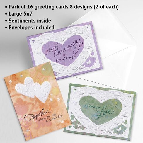 Current Deluxe Embossed Anniversary Greeting Card Set - Value Pack of 16 Cards With White Envelopes, 8 Designs, Large 5" x 7" Assortment in Kuwait