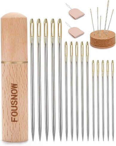 FOUSNOW 24 Pcs Leather Sewing Needles, Heavy Duty Sewing Needles Kit with Upholstery Needles, Needle Threaders for Hand Sewing, Curved Sewing Needles for Leather, Upholstery, Car, Carpet, Sofa Repair in Saudi Arabia