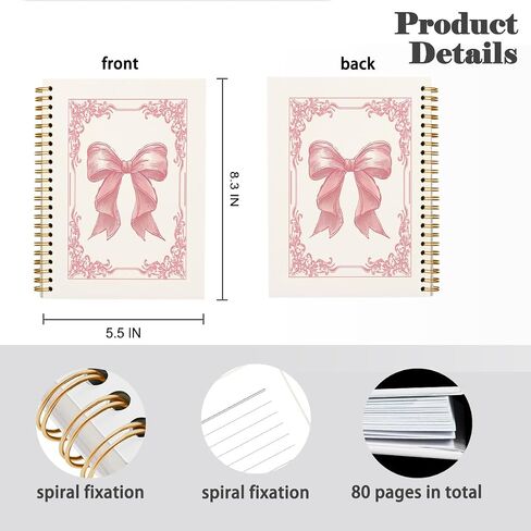 Pink Bow Coquette Notebook Journal, Preppy Notebook, Girly Notebook, Pink Aesthetic Notebook, Pink Desk Accessories for Women, Preppy Office Supplies, Hardcover Spiral Notebook 5.5x8.3 in Kuwait