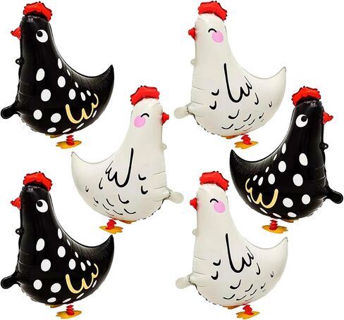 6pcs Chicken Balloons,White And Black Chicken Walking Farm Animals Balloons For Birthday Party Decorations in Saudi Arabia