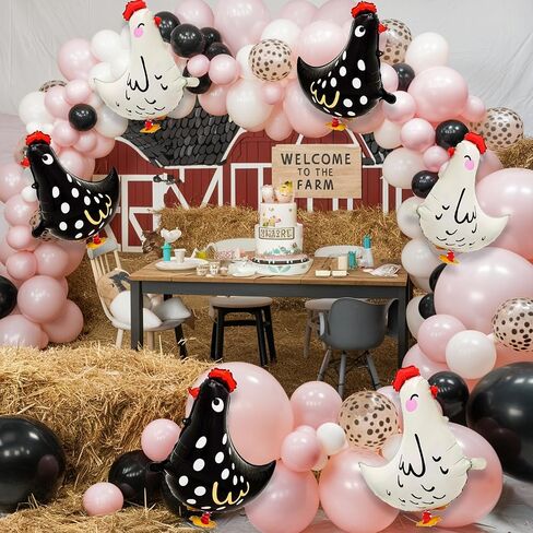 6pcs Chicken Balloons,White And Black Chicken Walking Farm Animals Balloons For Birthday Party Decorations in Saudi Arabia