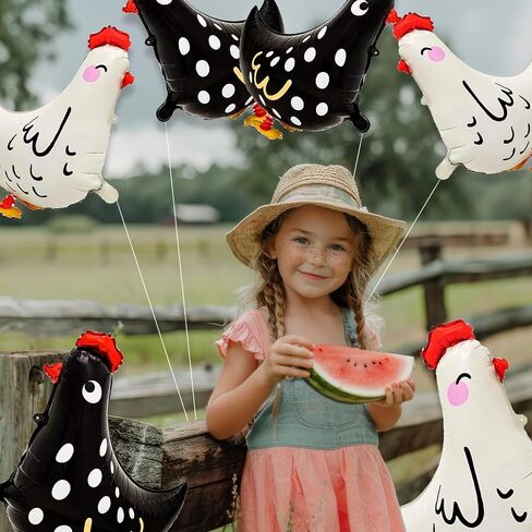 6pcs Chicken Balloons,White And Black Chicken Walking Farm Animals Balloons For Birthday Party Decorations in Saudi Arabia