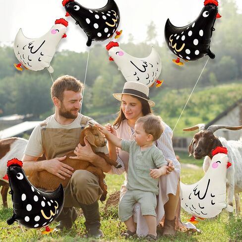 6pcs Chicken Balloons,White And Black Chicken Walking Farm Animals Balloons For Birthday Party Decorations in Saudi Arabia