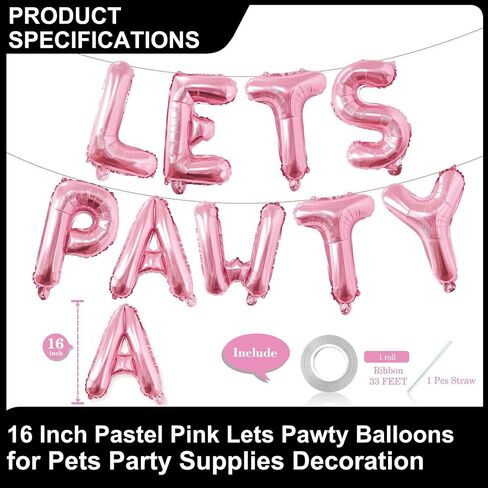 9 Pcs Lets Pawty Balloons Banner 16 Inch, Dog Cat Pet Birthday Letters Sign Lets Pawty Balloons Happy Birthday Banner for Pet Dog Cat Party Supplies Decorations (Pastel Pink) in Saudi Arabia