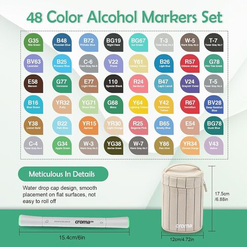 Croma Alcohol Markers - 48 Color Double-Tip Coloring Markers Set Brush Tip Art Pens Permanent Drawing Pens for Kids, Adults and Artists Ideal Gift for Sketching, Coloring, Illustration in Saudi Arabia